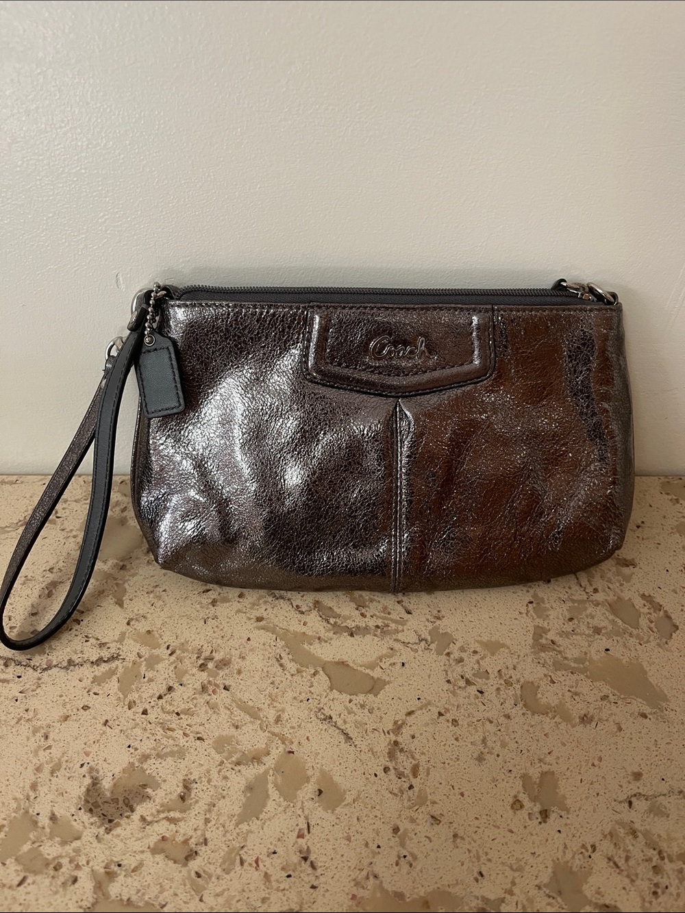 Coach Shiny Silver Wristlet with Strap